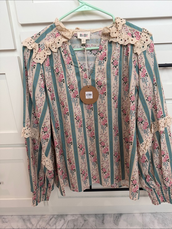BiBi Tops - BiBi Cream Blouse with Teal Stripes and Pink Floral Print